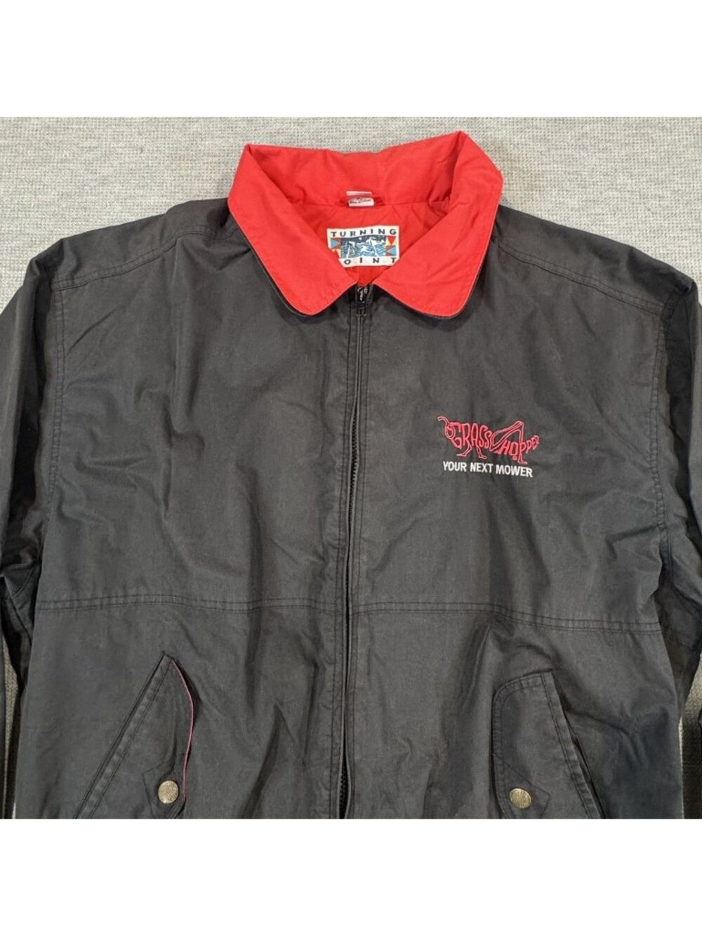 Vintage Turning Point Grasshopper Your Next Mower Jacket Size XL Black Red Pocke - Picture 15 of 16